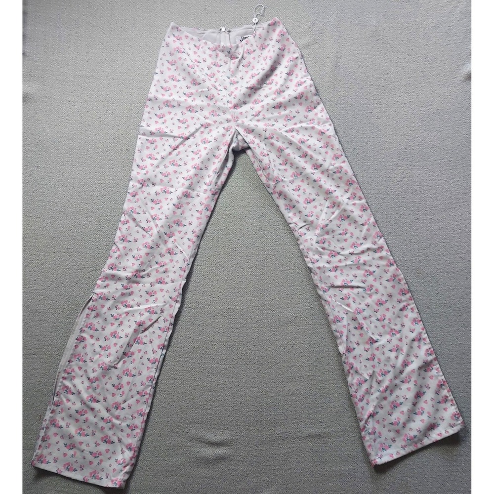 Tiger Mist Pants Womens XS White Pink Floral Flare Side Slit High Rise Trousers